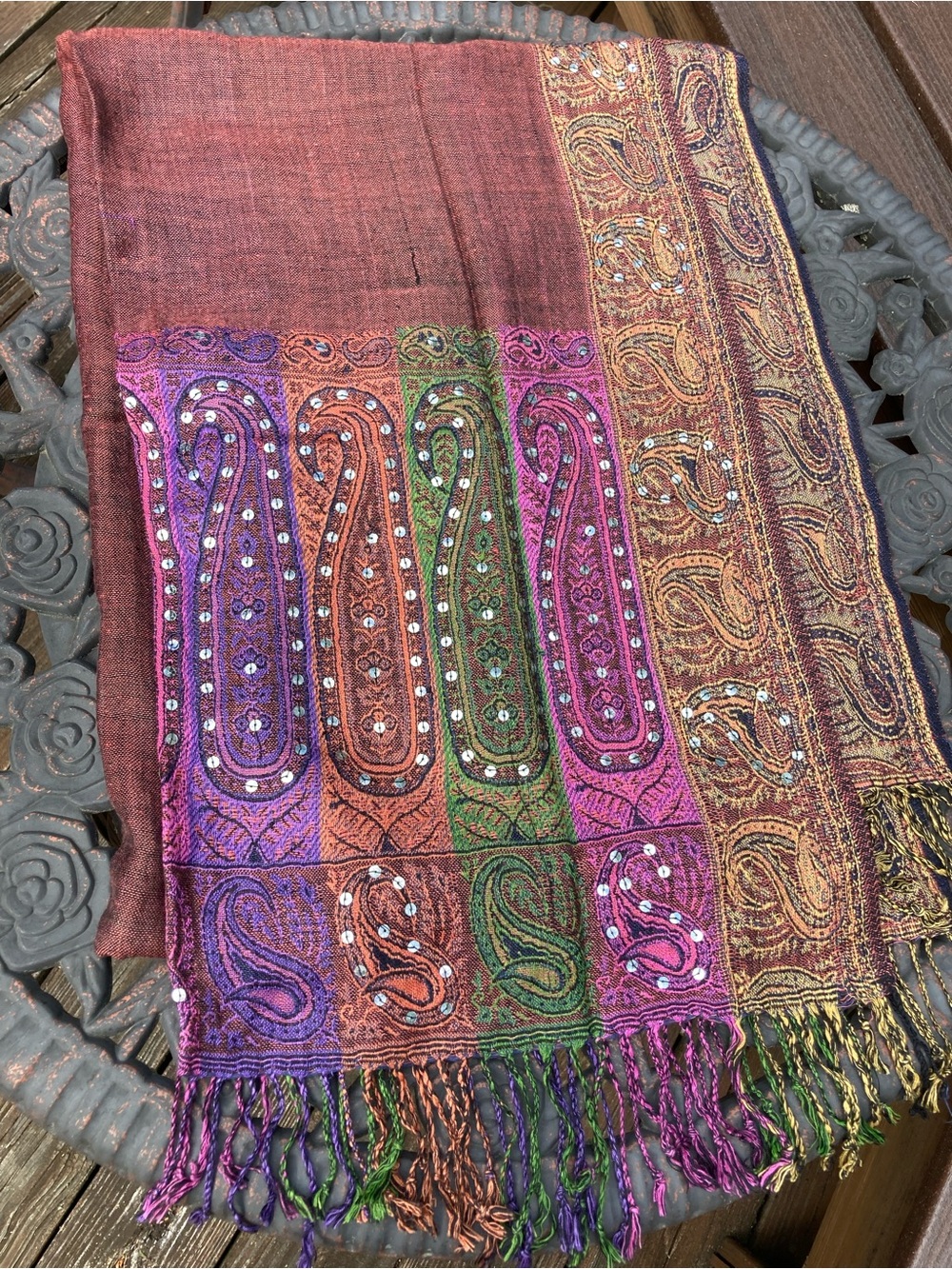 Vintage Embellished Paisley Pashmina Scarf in Burgundy with Multicolor Accents